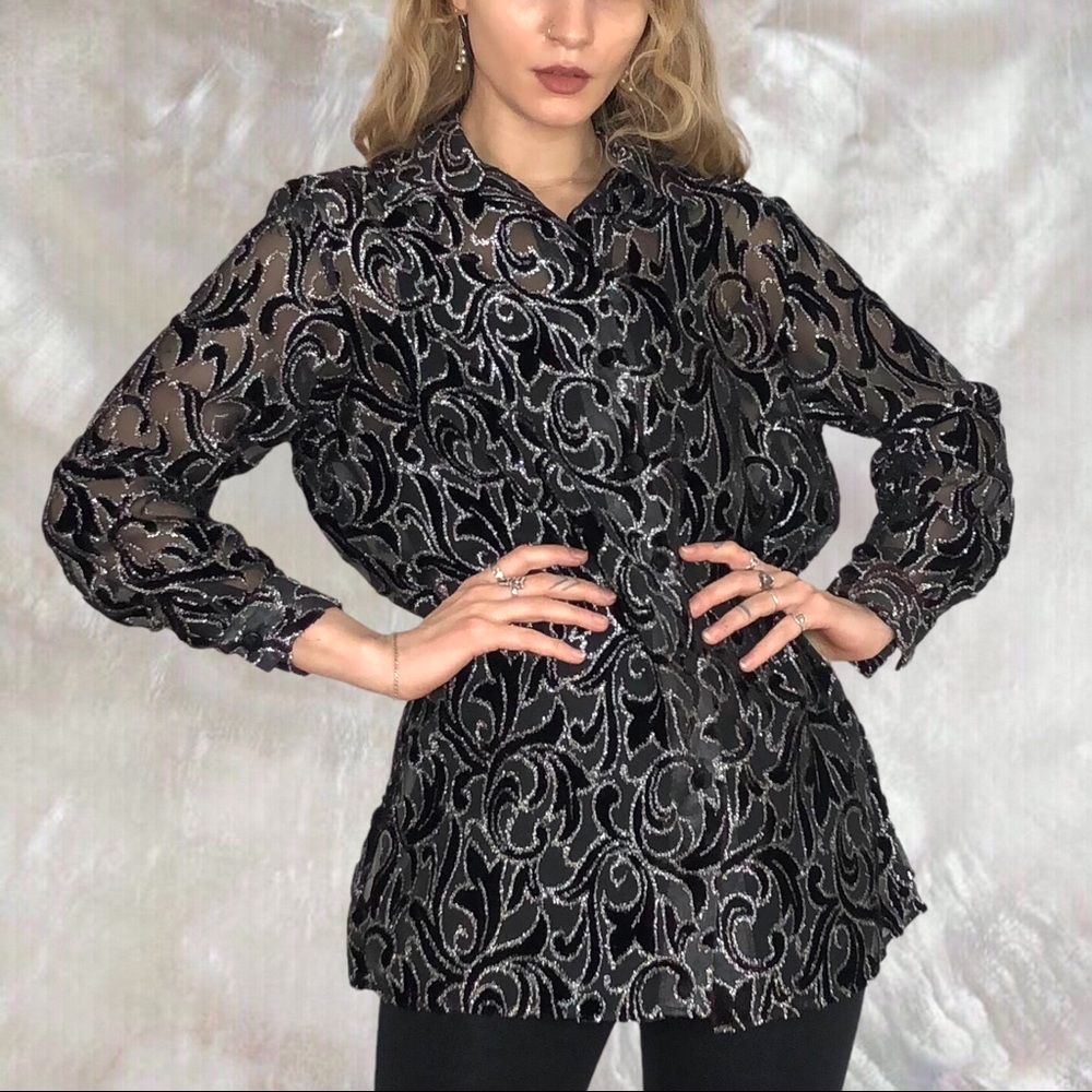 Vintage 90s Sheer Black and Silver Velvet Burnout Blouse